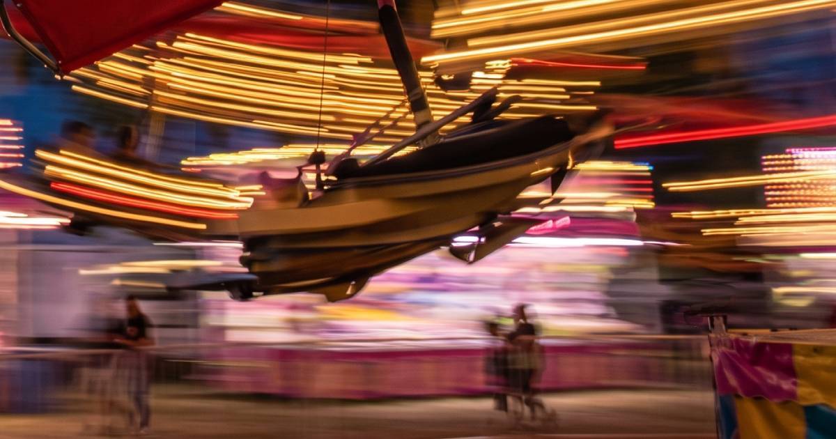 Carnival ride lit up at night at the Sonoma County Fairgrounds in Santa Rosa